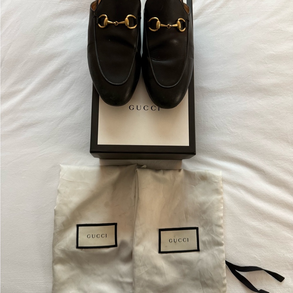 Gucci Princetown Black Leather Mules with Gold Hardware